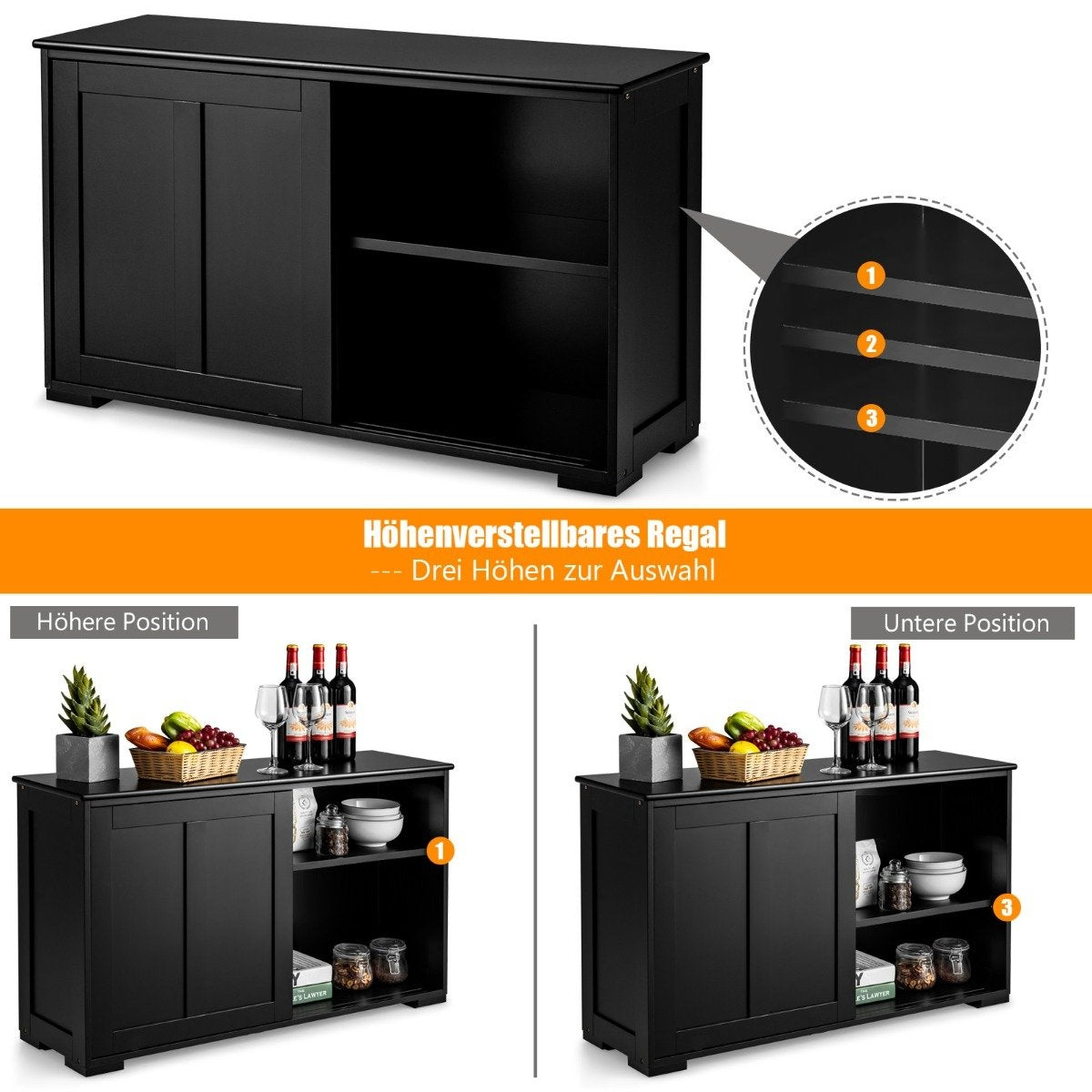 Stackable Kitchen Sideboard with Sliding Doors, Black MDF