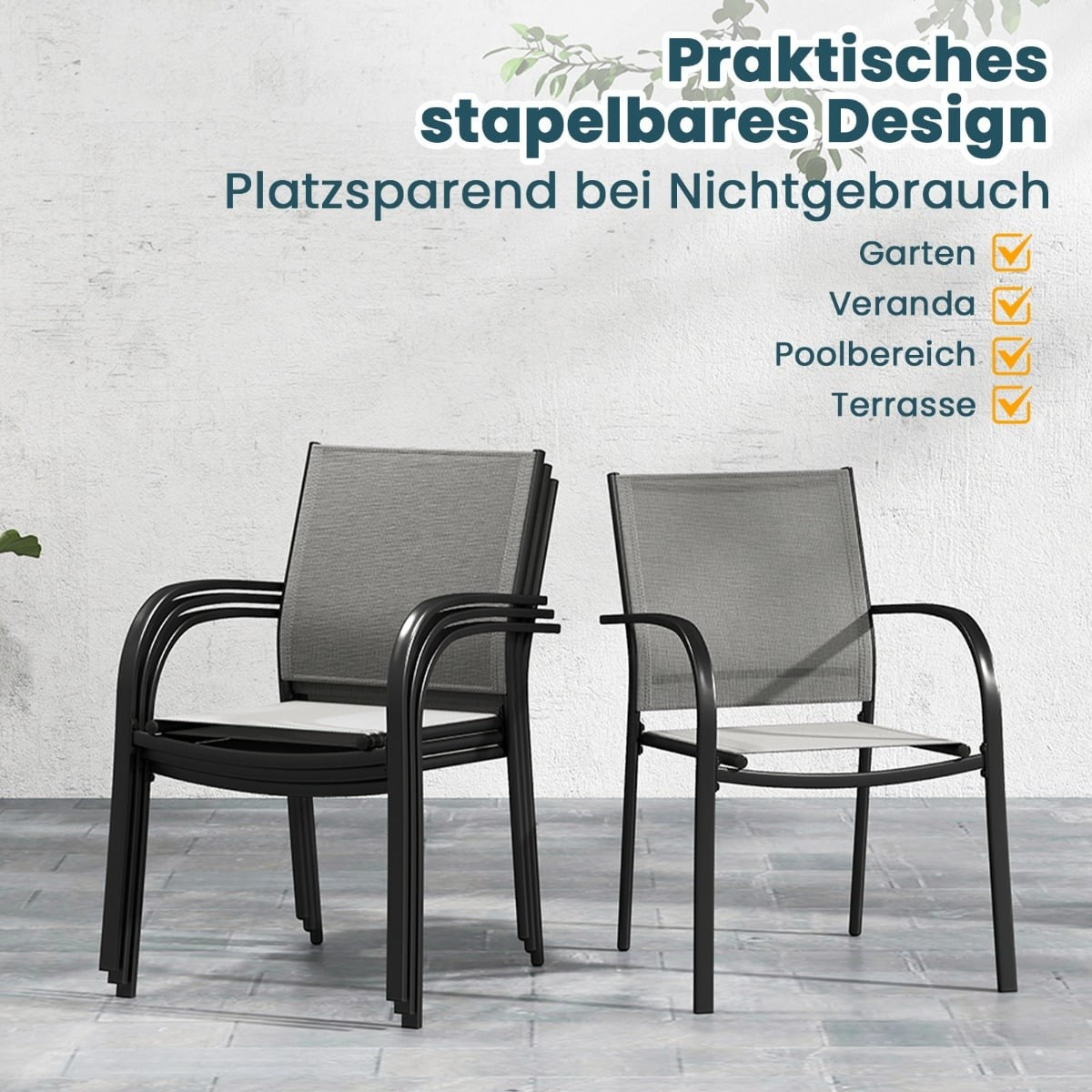 Stackable Outdoor Chairs, Set of 2, Metal & Textilene, Gray