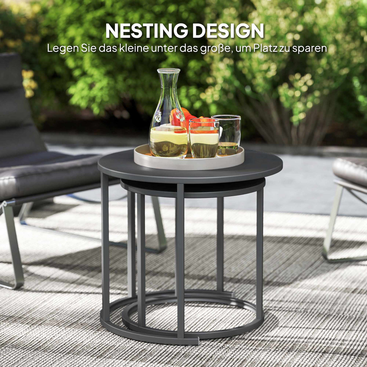 Stackable Round Outdoor Side Table Set, Dark Grey Steel