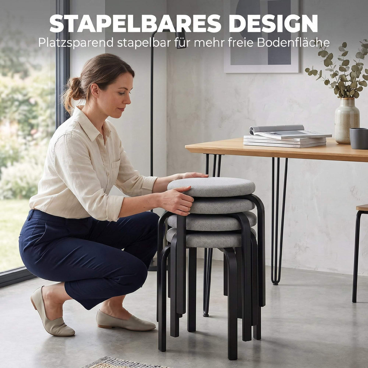 Stackable Round Stools Set of 4, Padded, Grey