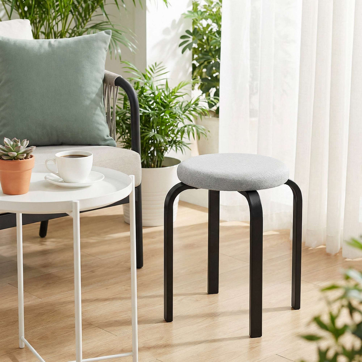 Stackable Round Stools Set of 4, Padded, Grey