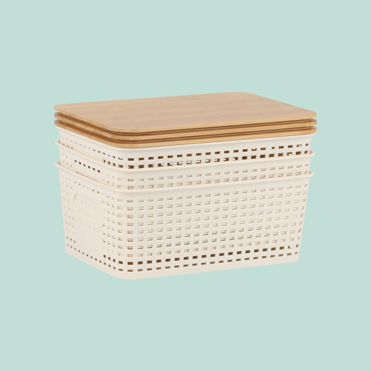 Stackable Storage Box Set with Bamboo Lid, Perforated Design