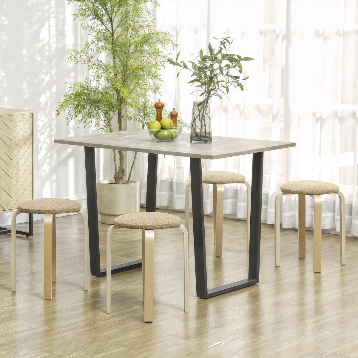 Stackable Upholstered Stools, Set of 4, Khaki, Birch Legs