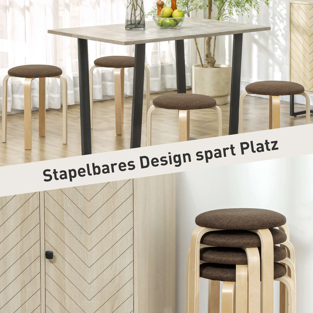 Stackable Upholstered Stools, Set of 4, Wood Legs, Brown