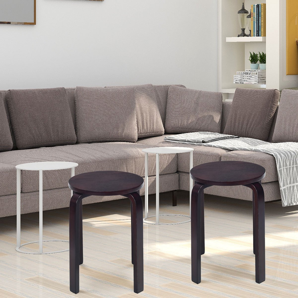 Stackable Wooden Stools Set of 4, Birch Wood, Brown