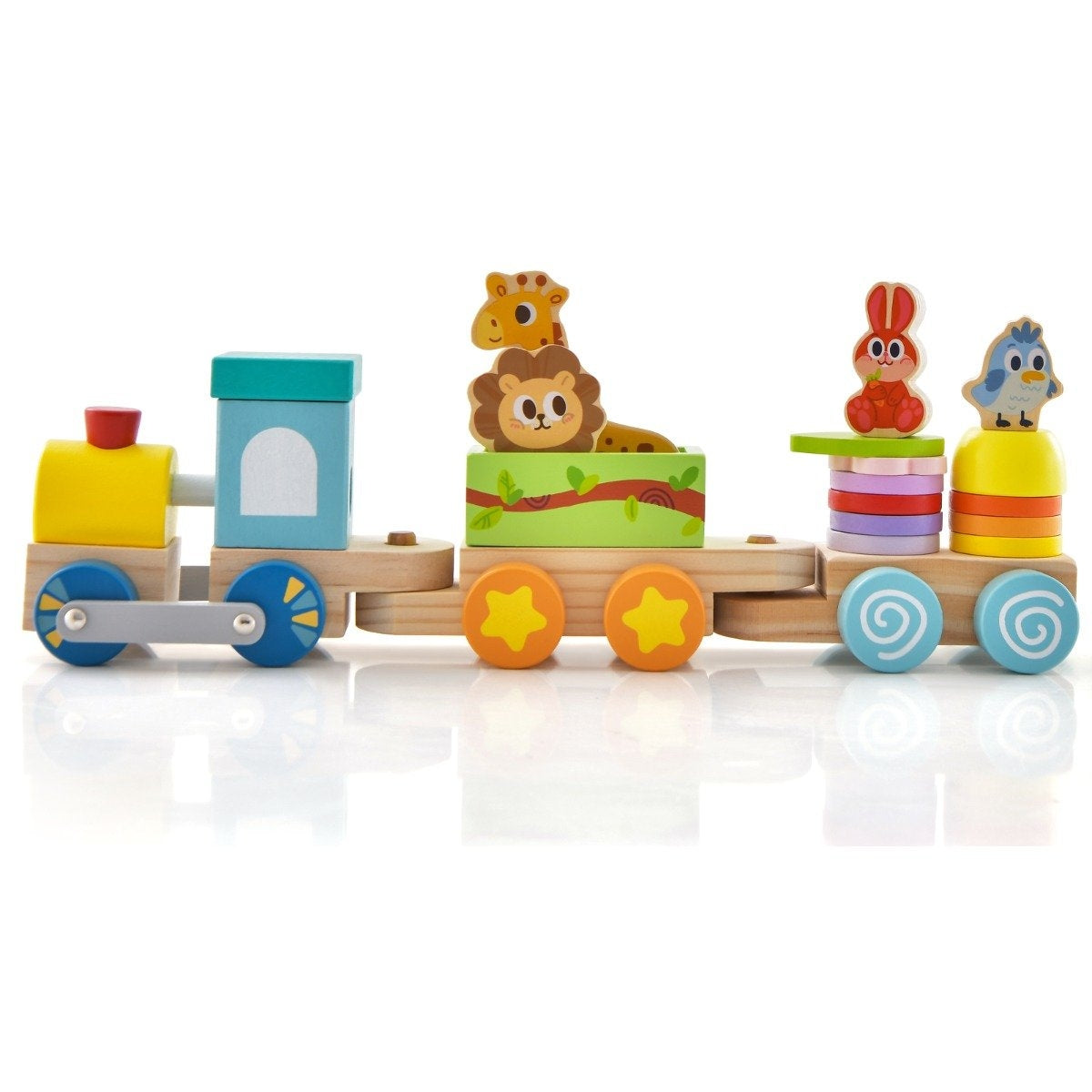 Stackable wooden train set with colorful animal figures and funny wooden wagons for boys and girls aged 3 and over