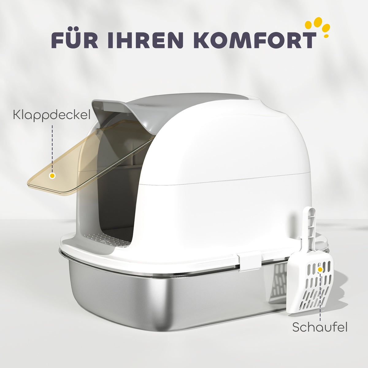 Stainless Steel Cat Litter Box with Lid, Scoop, 52x41x42 cm
