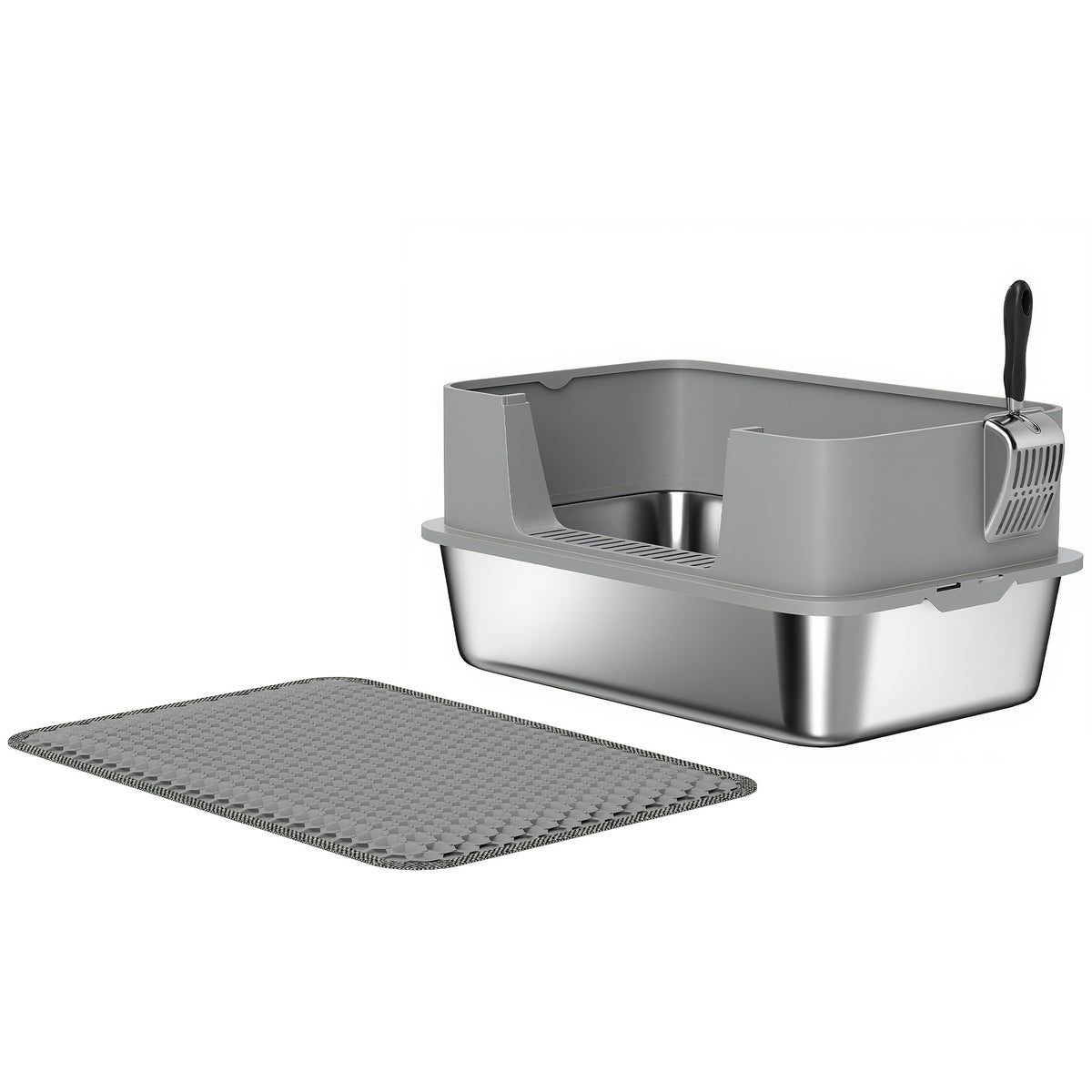 Stainless Steel Cat Litter Box with Scoop, High Sides, Grey