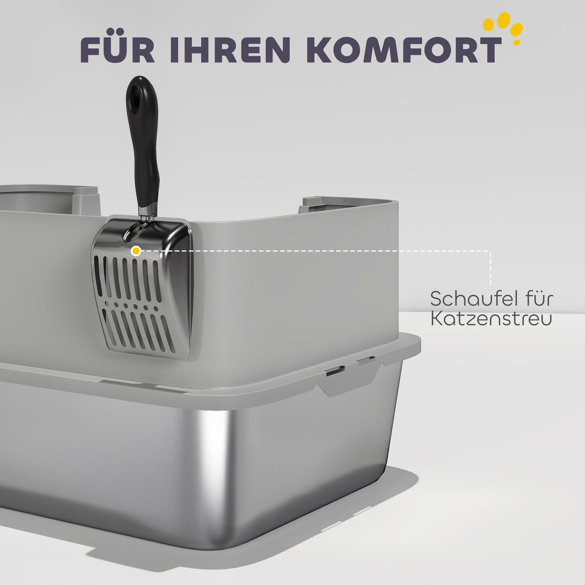 Stainless Steel Cat Litter Box with Scoop, High Sides, Grey
