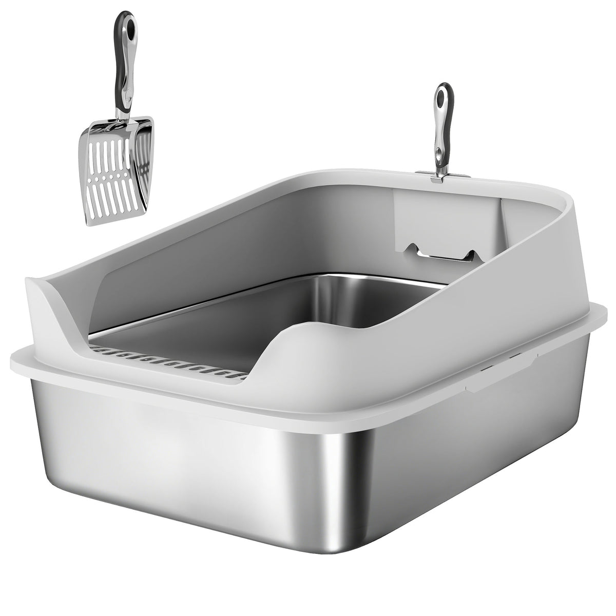 Stainless Steel Cat Litter Box with Scoop, High Sides, XXL