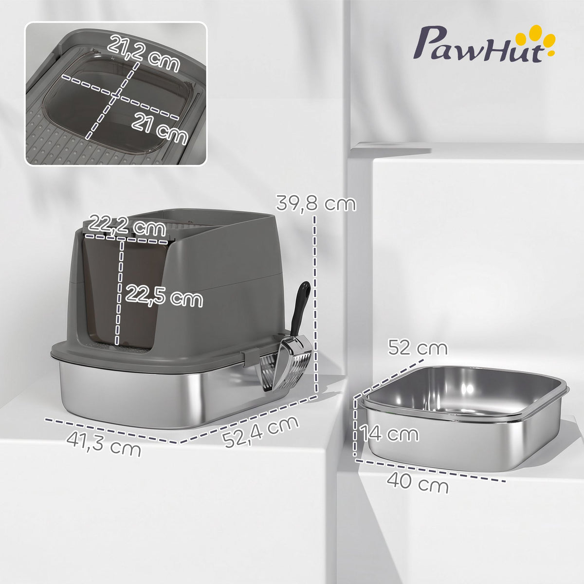 Stainless Steel Covered Cat Litter Box, Scoop, Dark Gray