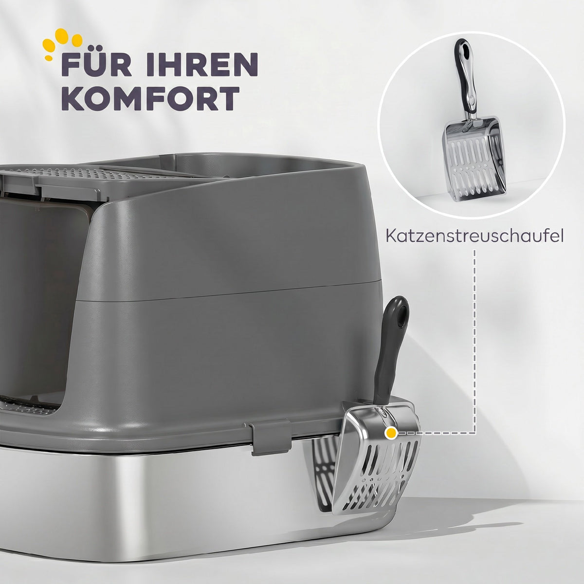 Stainless Steel Covered Cat Litter Box, Scoop, Dark Gray