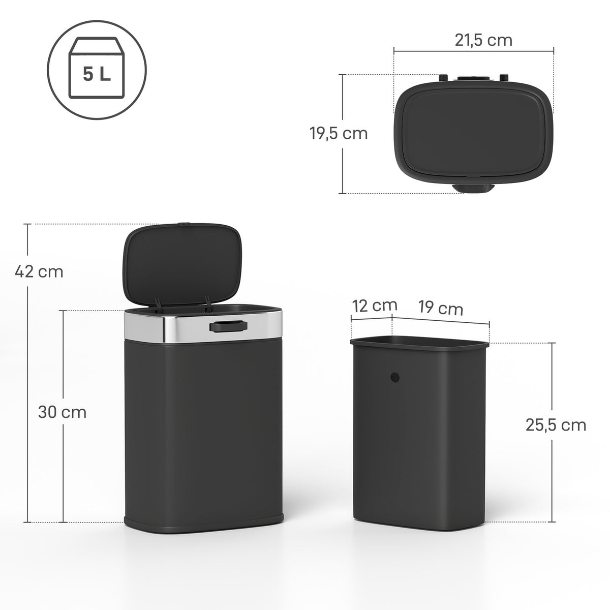 Stainless Steel Kitchen Trash Can, Removable Inner Bin, Black