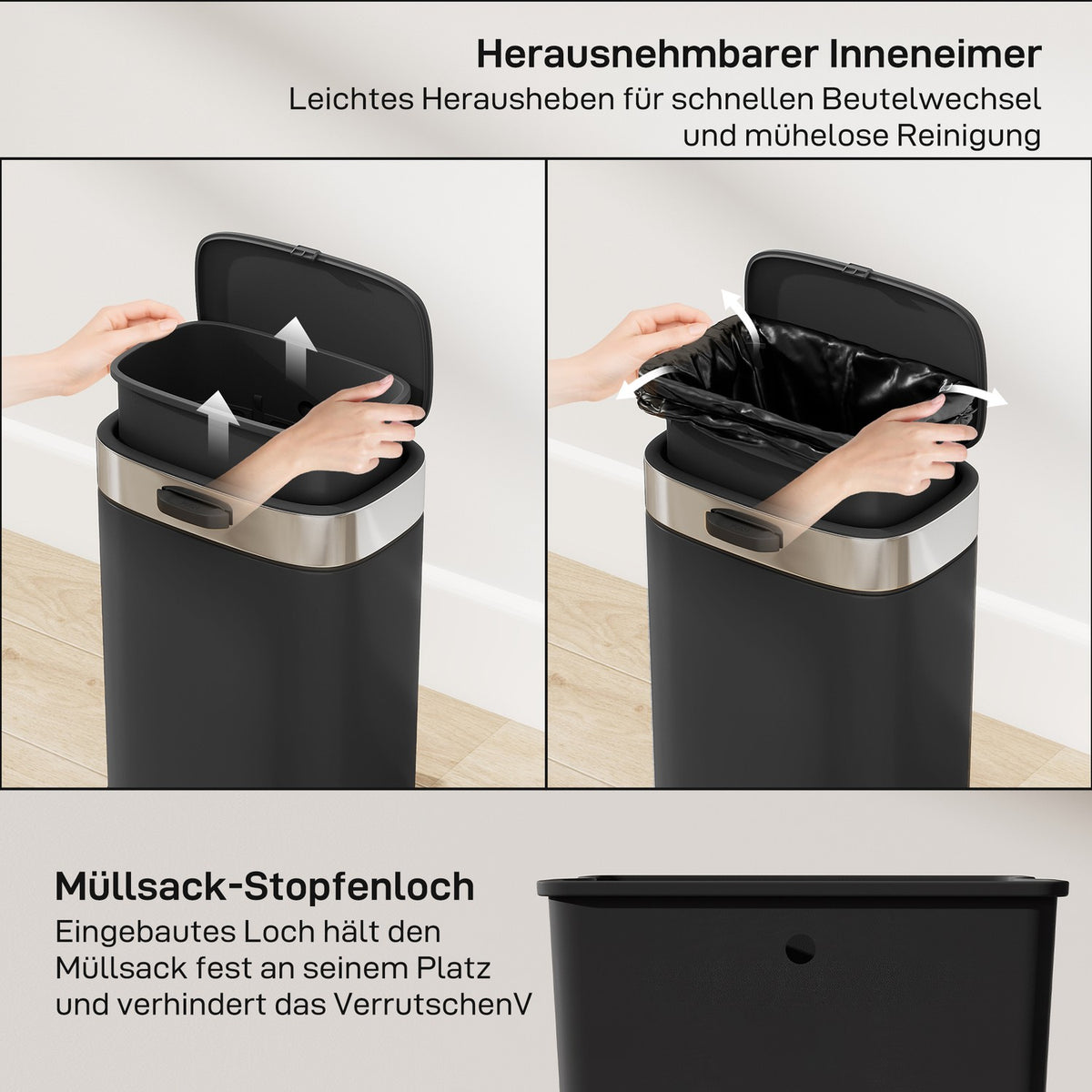 Stainless Steel Kitchen Trash Can, Removable Inner Bin, Black