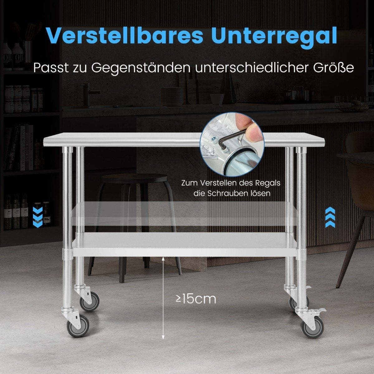 Stainless Steel Work Table with Wheels, Adjustable Shelf