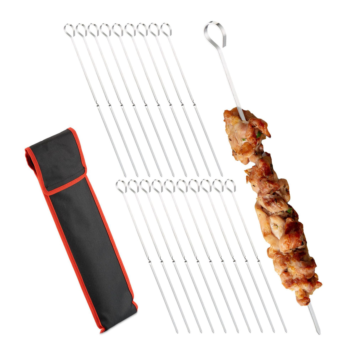 Stainless steel barbecue skewers in a set of 20