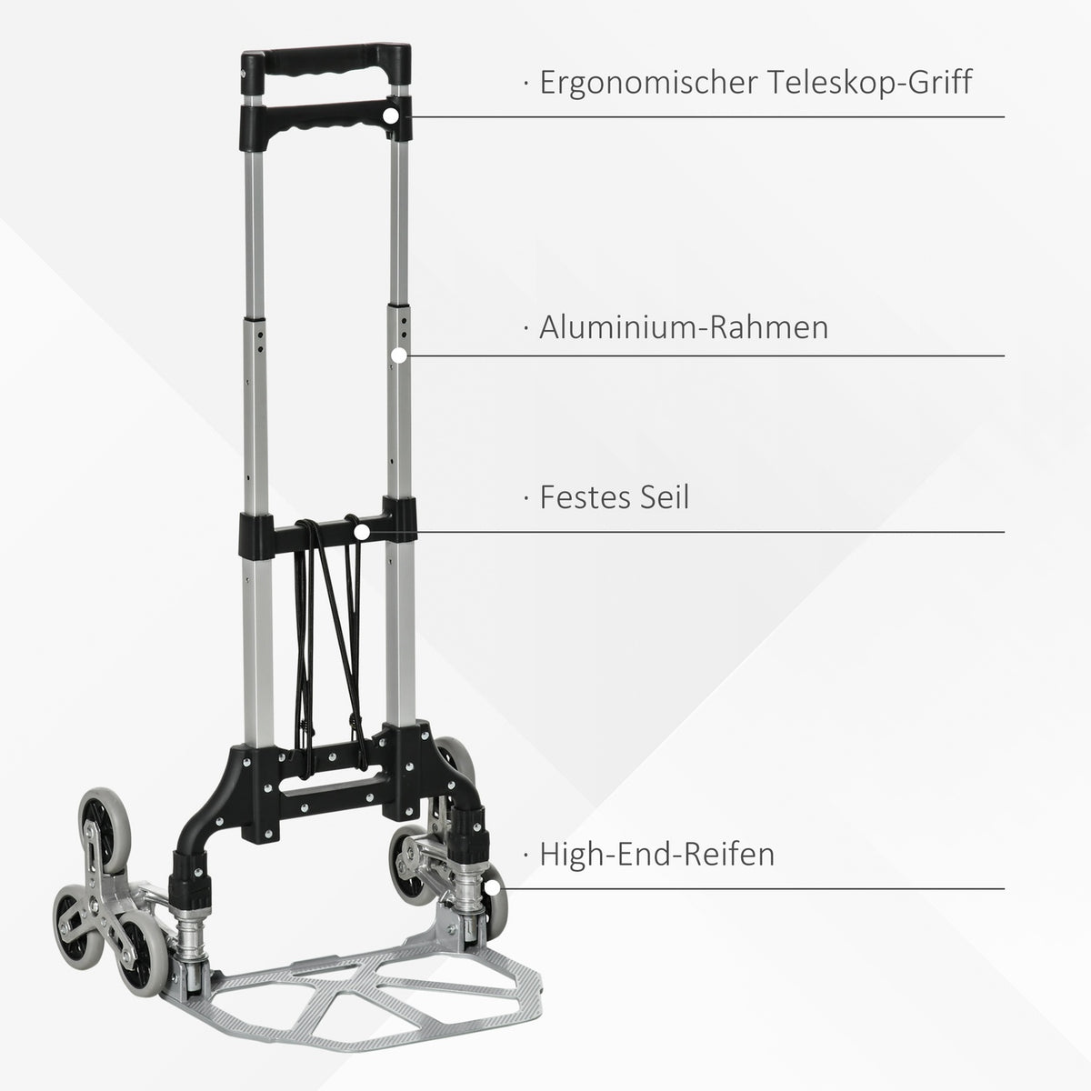 Stair Climber Sack Truck Foldable, 6-Roller System, Fixed Rope, Up To 70Kg, Aluminum, Silver, 70Kg Load Capacity