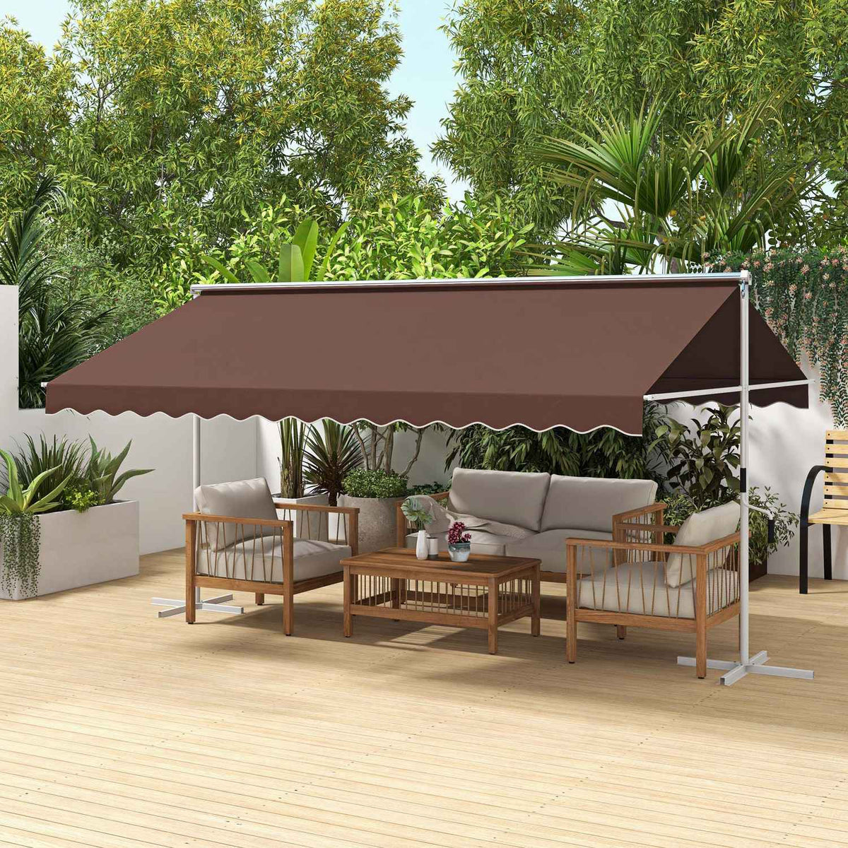 Standing Awning 4.5 X 3.4 M Garden Awning Hand Crank Extendable Patio Canopy Adjustable Sun Protection Polyester Coffee