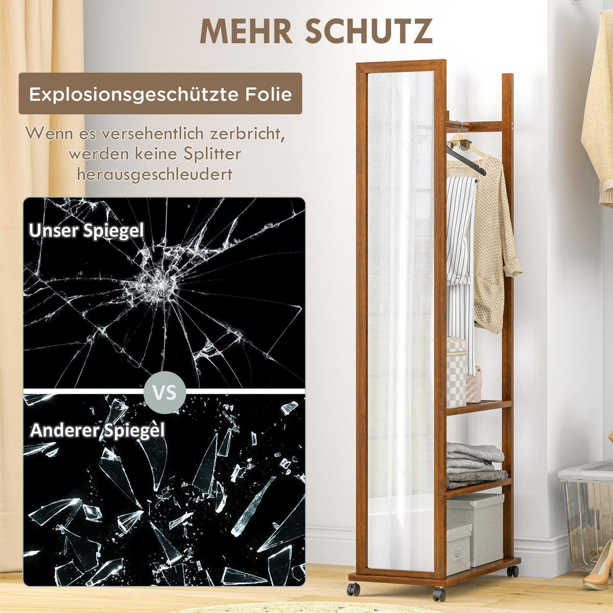 Standing Mirror With Wheels, Full-Length Mirror, Wardrobe Mirror With 3 Levels, Clothes Rail, Walnut, 24.8X153.8 Cm