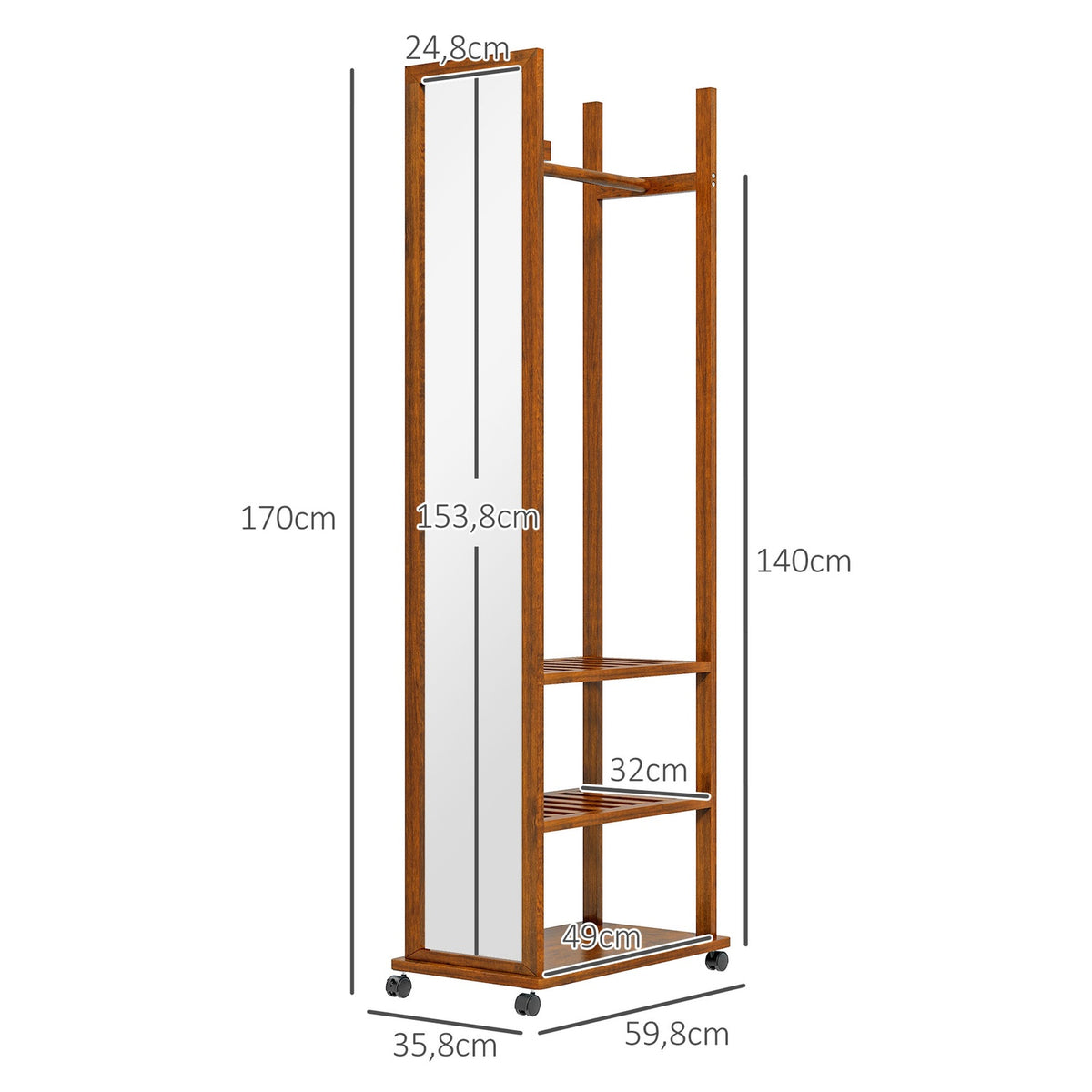 Standing Mirror With Wheels, Full-Length Mirror, Wardrobe Mirror With 3 Levels, Clothes Rail, Walnut, 24.8X153.8 Cm