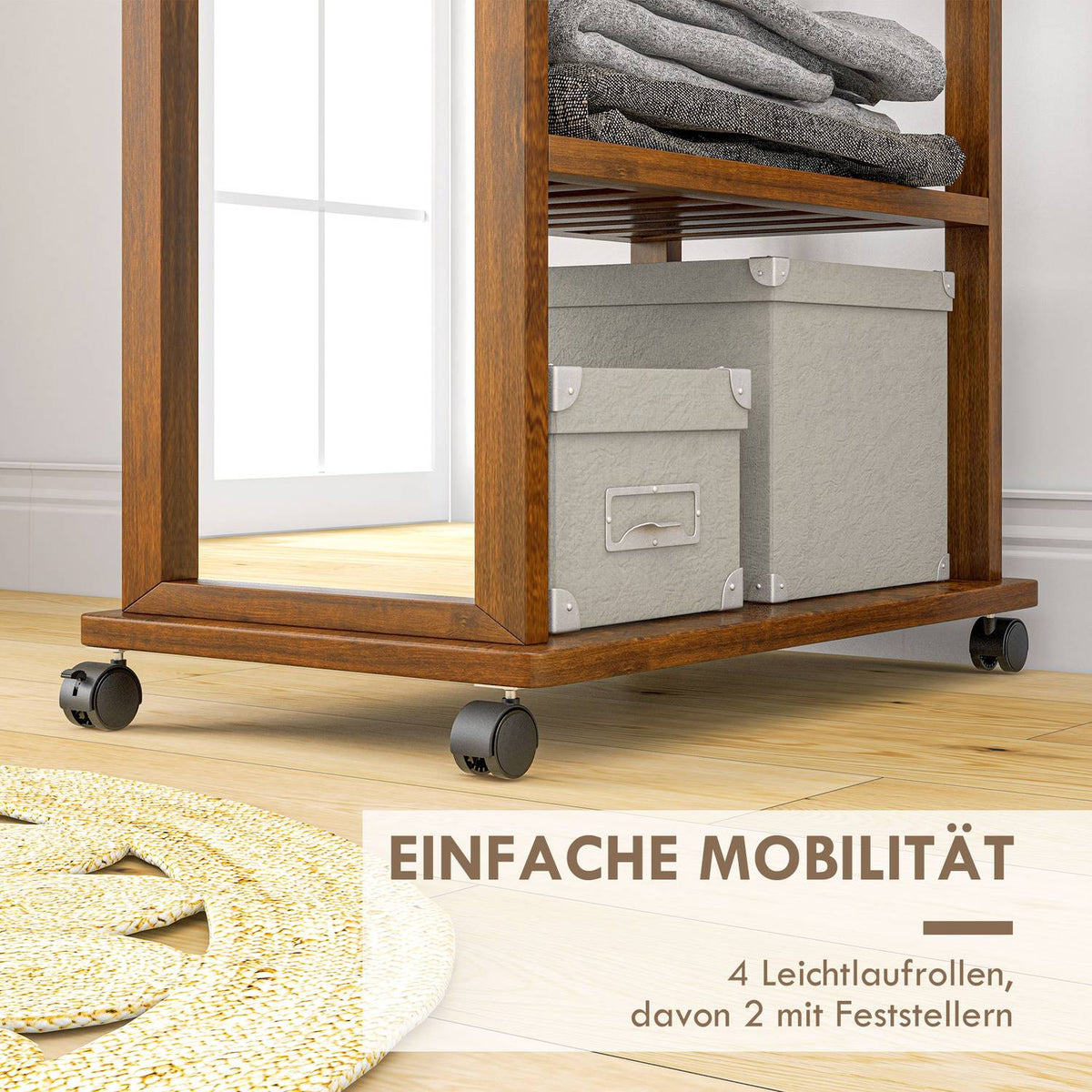 Standing Mirror With Wheels, Full-Length Mirror, Wardrobe Mirror With 3 Levels, Clothes Rail, Walnut, 24.8X153.8 Cm