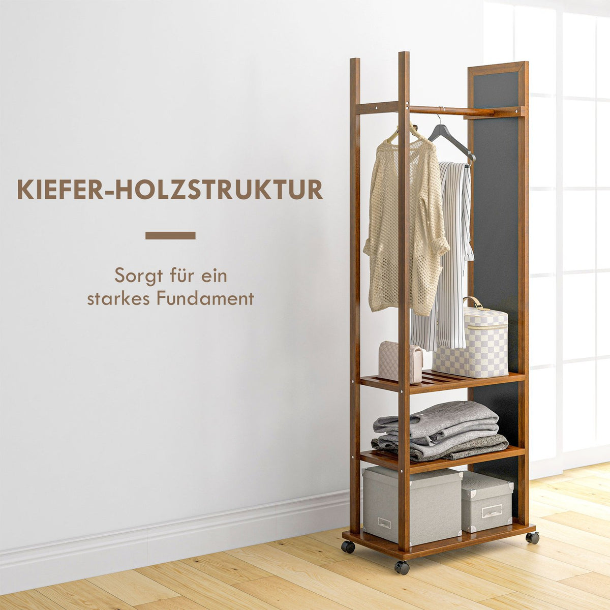 Standing Mirror With Wheels, Full-Length Mirror, Wardrobe Mirror With 3 Levels, Clothes Rail, Walnut, 24.8X153.8 Cm