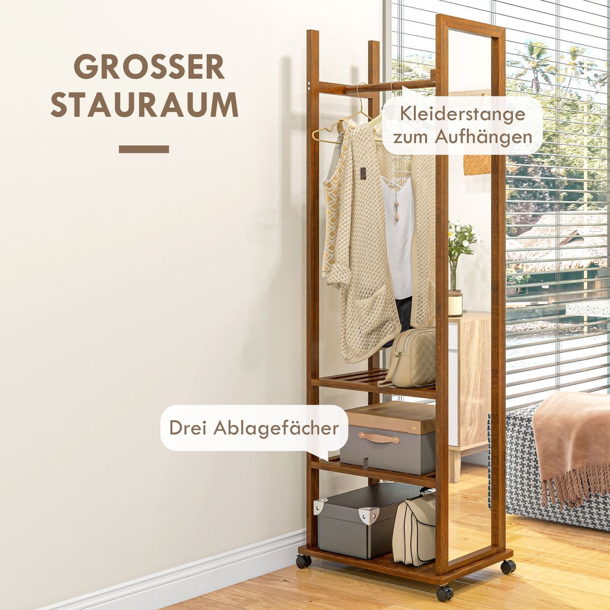 Standing Mirror With Wheels, Full-Length Mirror, Wardrobe Mirror With 3 Levels, Clothes Rail, Walnut, 24.8X153.8 Cm