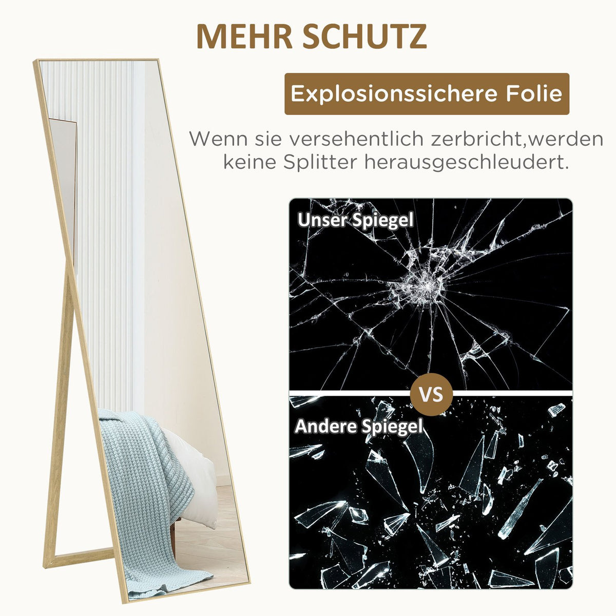 Standing Mirror With Wood Grain, Full-Length Mirror, Dressing Mirror, Make-Up Mirror, Silver + Light Brown, 40 X 35 X 147 Cm