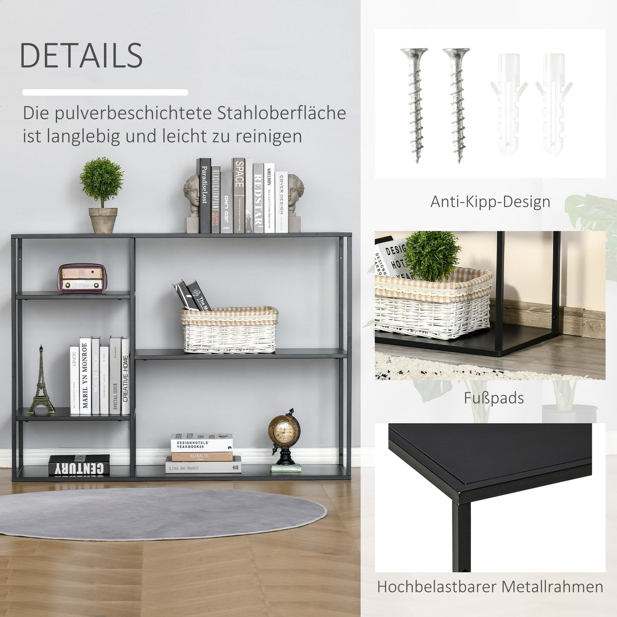 Standing Shelf Bookcase With 5 Open Compartments, Filing Shelf, Kitchen Shelf, Metal, Black, 120 X 35 X 87.5 Cm