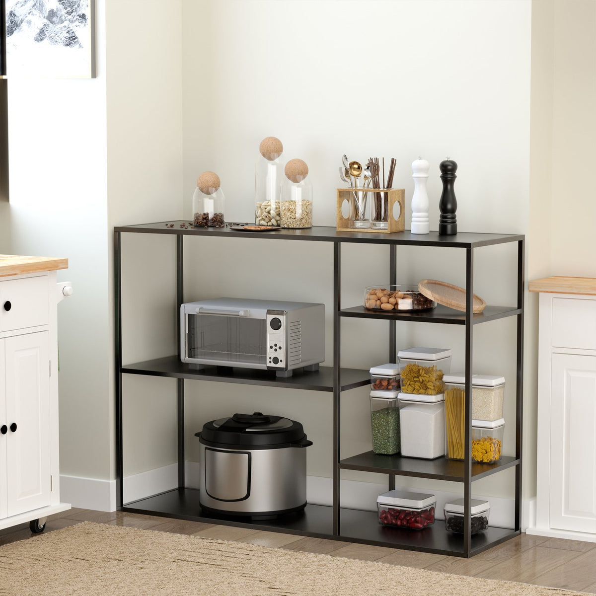 Standing Shelf Bookcase With 5 Open Compartments, Filing Shelf, Kitchen Shelf, Metal, Black, 120 X 35 X 87.5 Cm