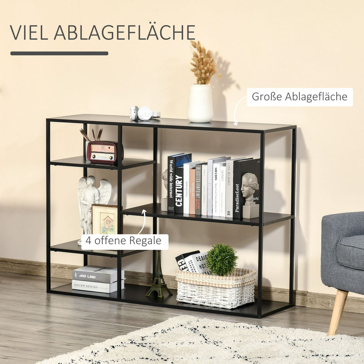 Standing Shelf Bookcase With 5 Open Compartments, Filing Shelf, Kitchen Shelf, Metal, Black, 120 X 35 X 87.5 Cm