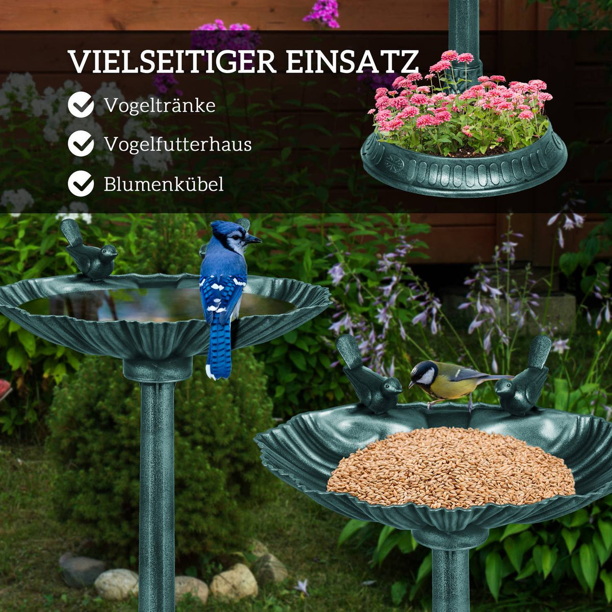 Standing bird bath, bird bath made of plastic, frost-proof bird basin, winter-proof water drinker for wild birds, water bowl, water point for garden, terrace, balcony, 49.5 x 38 x 81 cm, dark green