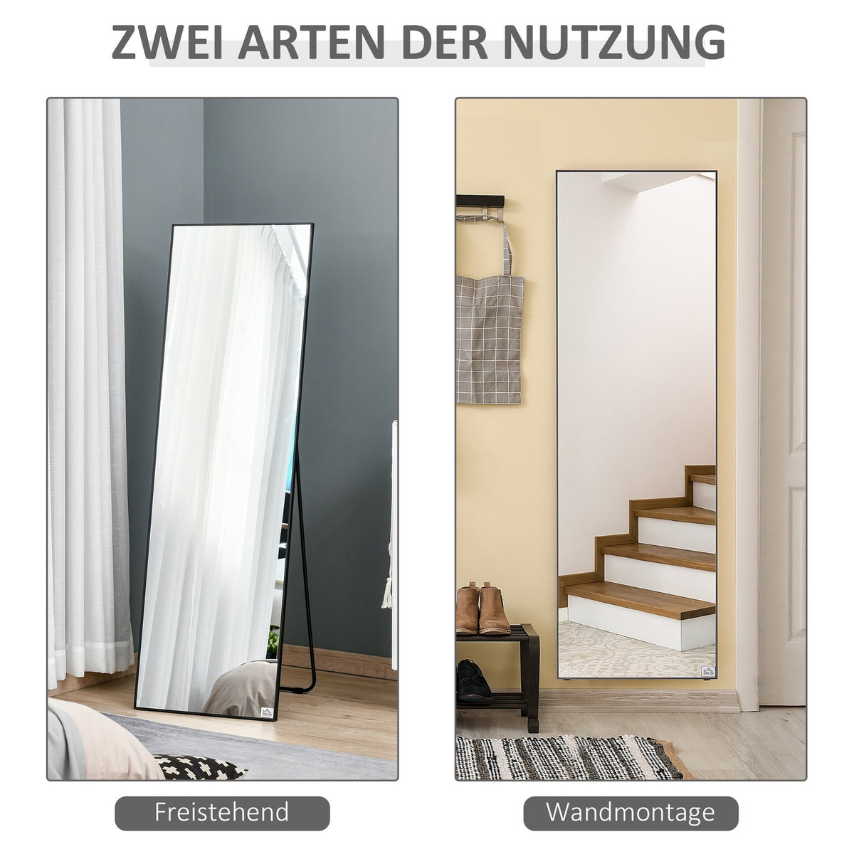 Standing mirror, free-standing full-length mirror, dressing mirror with stand, aluminum frame, for bedroom and hallway