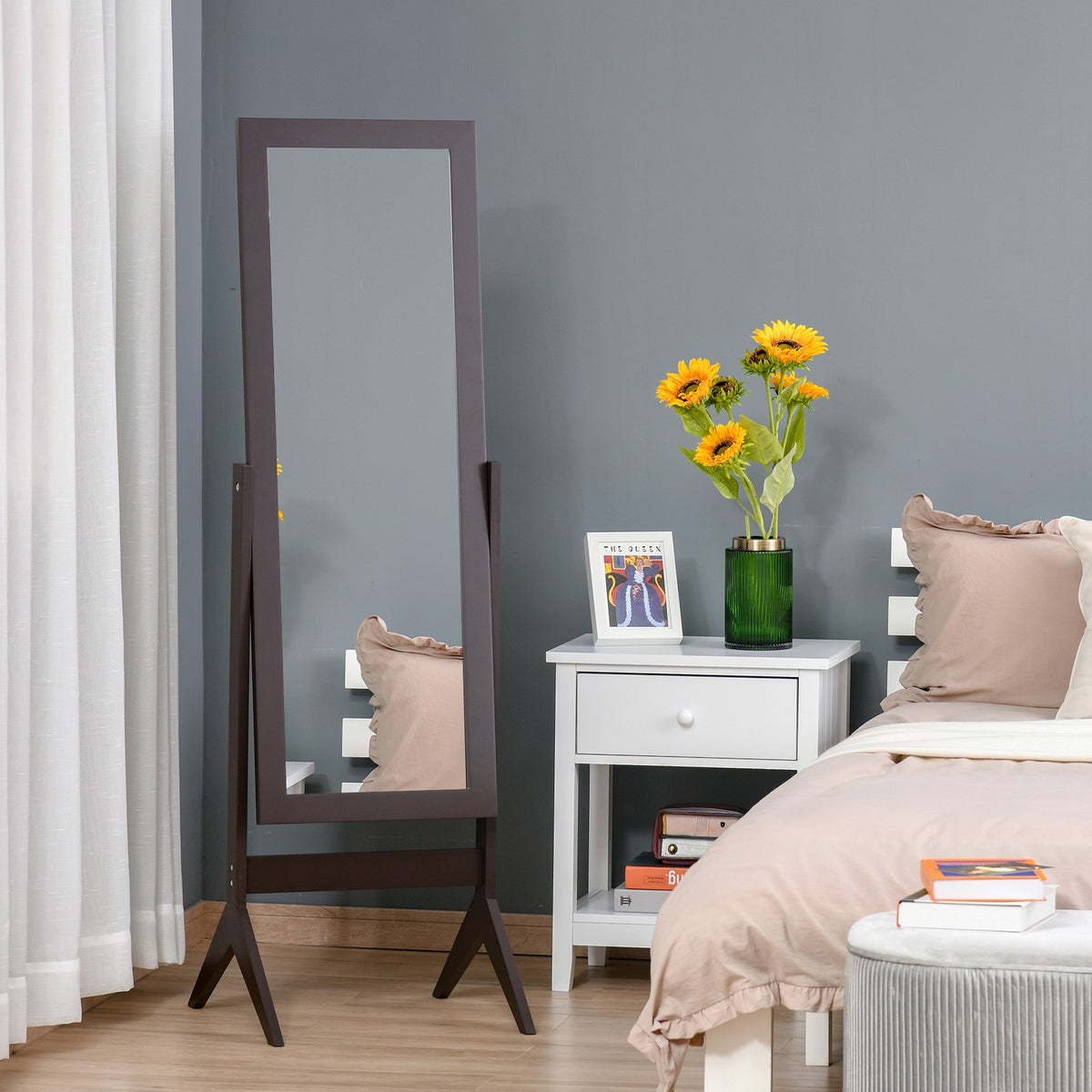 Standing mirror, full-length mirror, make-up mirror with raised feet, easy-care MDF coffee, 47 x 46 x 148 cm for bedrooms and hallways