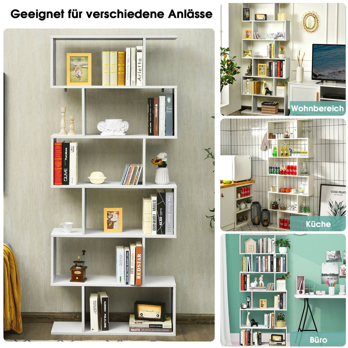 Standing shelf 6 levels S-shape bookcase storage shelf wood color choice white
