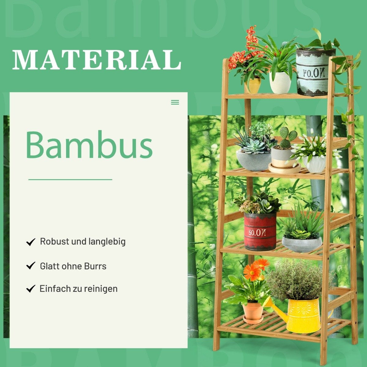 Standing shelf with 4 levels ladder shelf made of bamboo bookcase plant shelf balcony shelf 48 x 32 x 115 cm natural