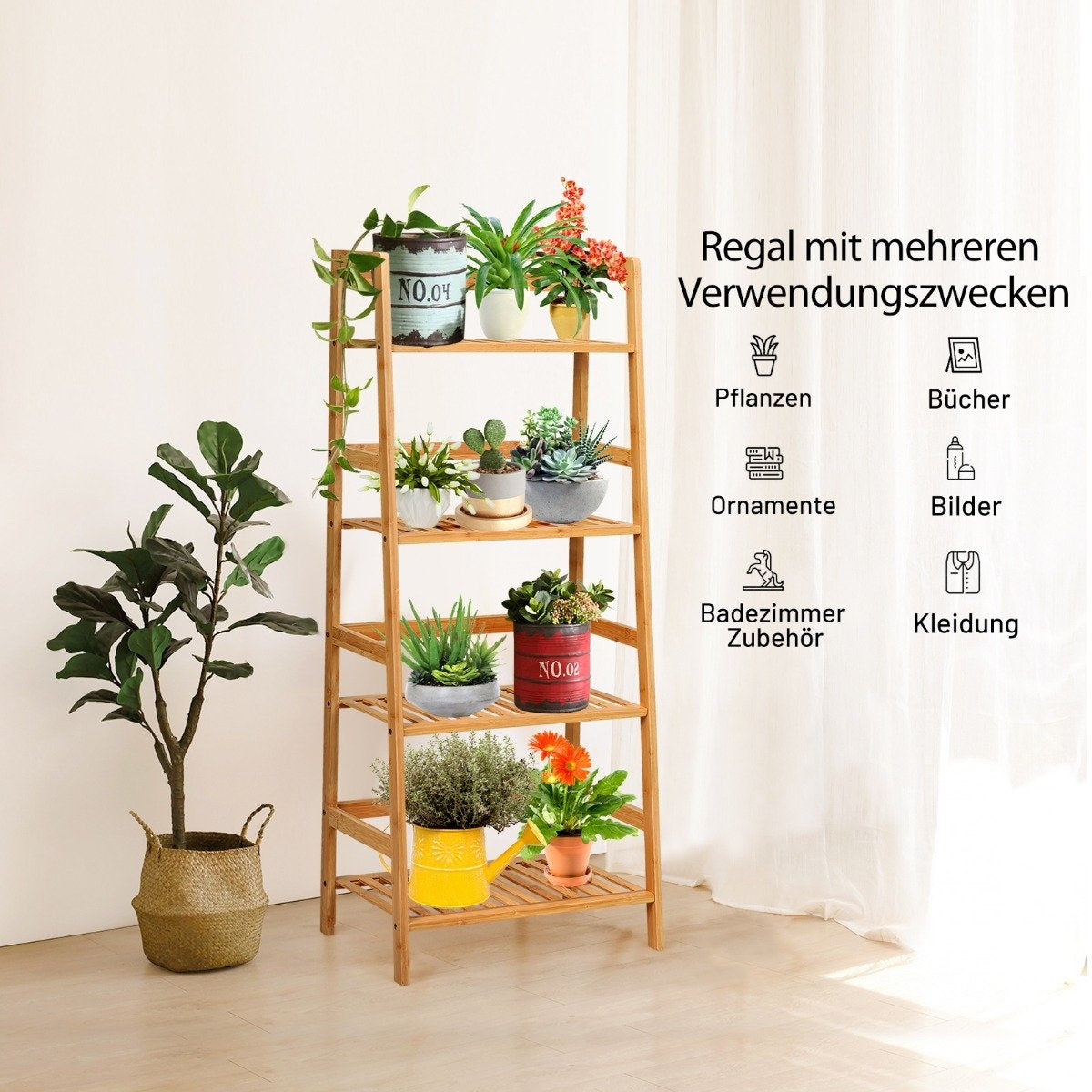 Standing shelf with 4 levels ladder shelf made of bamboo bookcase plant shelf balcony shelf 48 x 32 x 115 cm natural