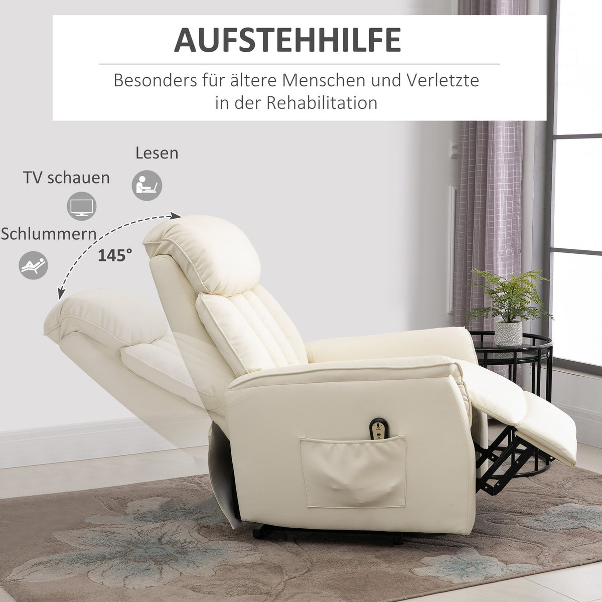 Stand-up chair, TV chair, armchair with stand-up aid, electric reclining function, faux leather, beige, 80 x 94 x 104 cm