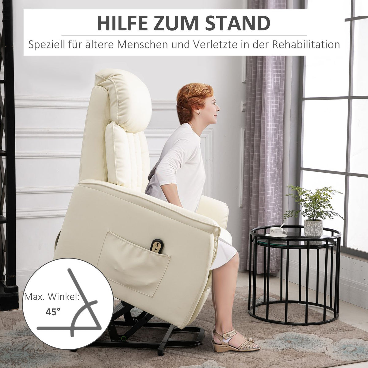 Stand-up chair, TV chair, armchair with stand-up aid, electric reclining function, faux leather, beige, 80 x 94 x 104 cm