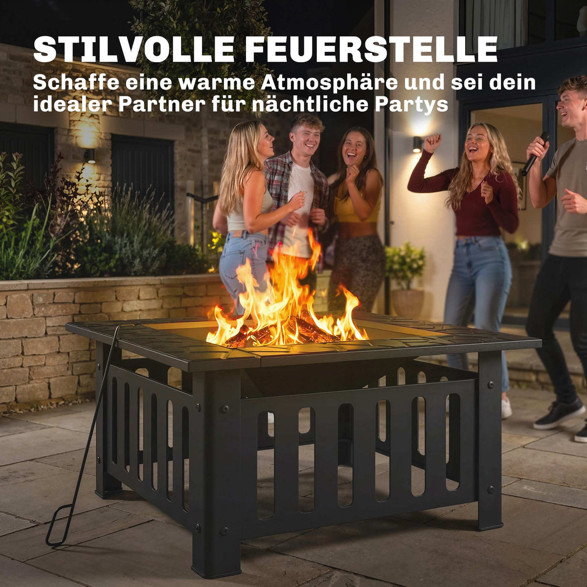 Steel Fire Pit with Spark Guard and Poker for Outdoor BBQ