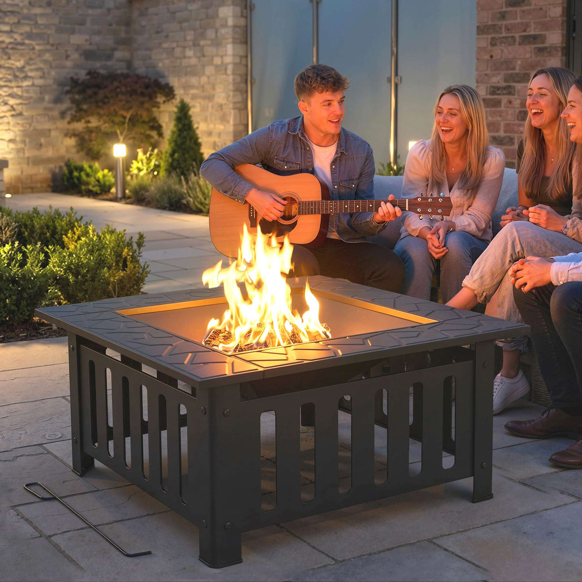 Steel Fire Pit with Spark Guard and Poker for Outdoor BBQ