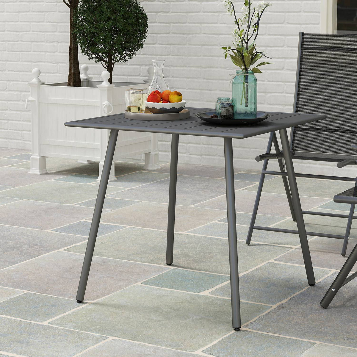Steel Garden Table 80 x 80 x 74 cm Weatherproof Buffet Table with Steel Frame, Non-Slip Camping Table for 4 People Balcony Table Patio Table Outdoor Dining Table for Garden, Terrace, Balcony, Gray