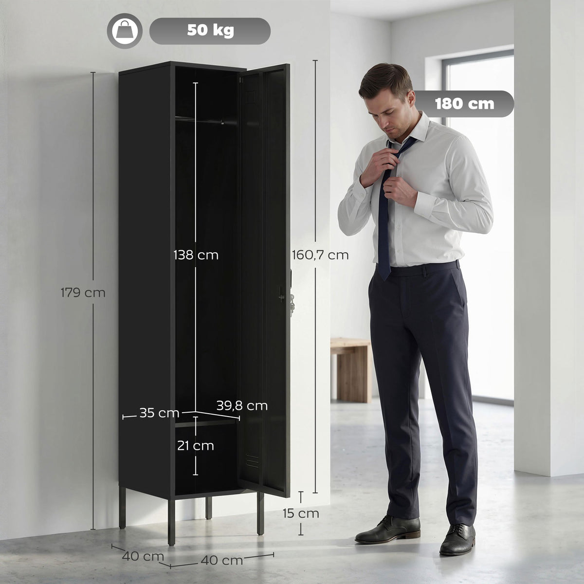 Steel Locker Cabinet with Lock, Ventilation, Black, 179H cm