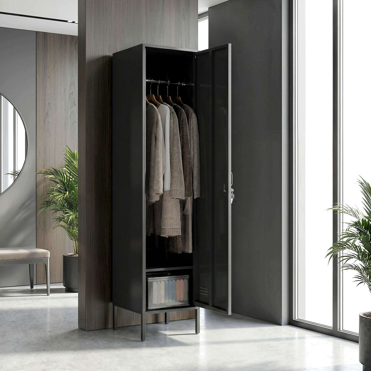 Steel Locker Cabinet with Lock, Ventilation, Black, 179H cm