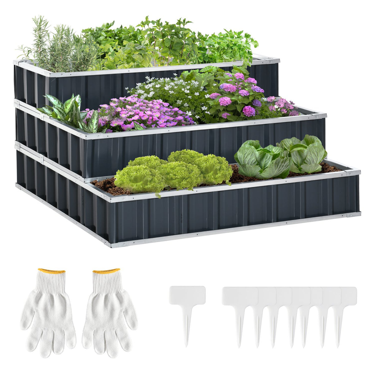 Steel Raised Bed 3 Tier Garden Bed With T-Shape Plant Signs Gloves Plant Bed Herb Bed Flower Stairs For Balcony Garden Dark Gray 118 X 118 X 62 Cm