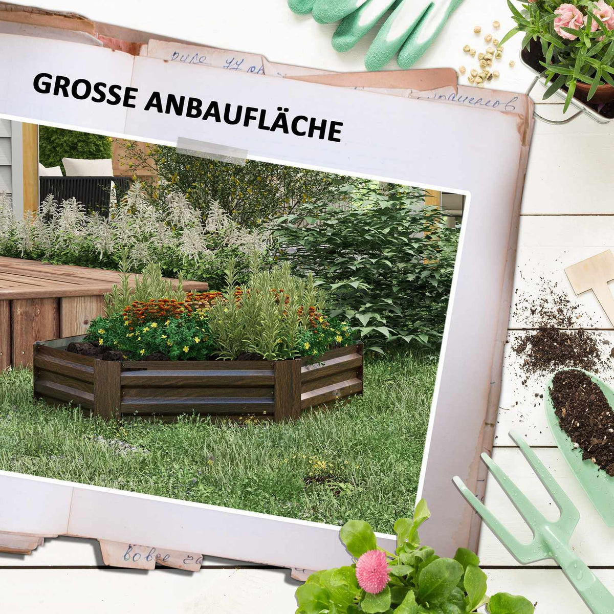 Steel Raised Bed Hexagonal Open Bottom Flower Box Wood Effect Planter Vegetable Bed For Balcony Garden Dark Brown