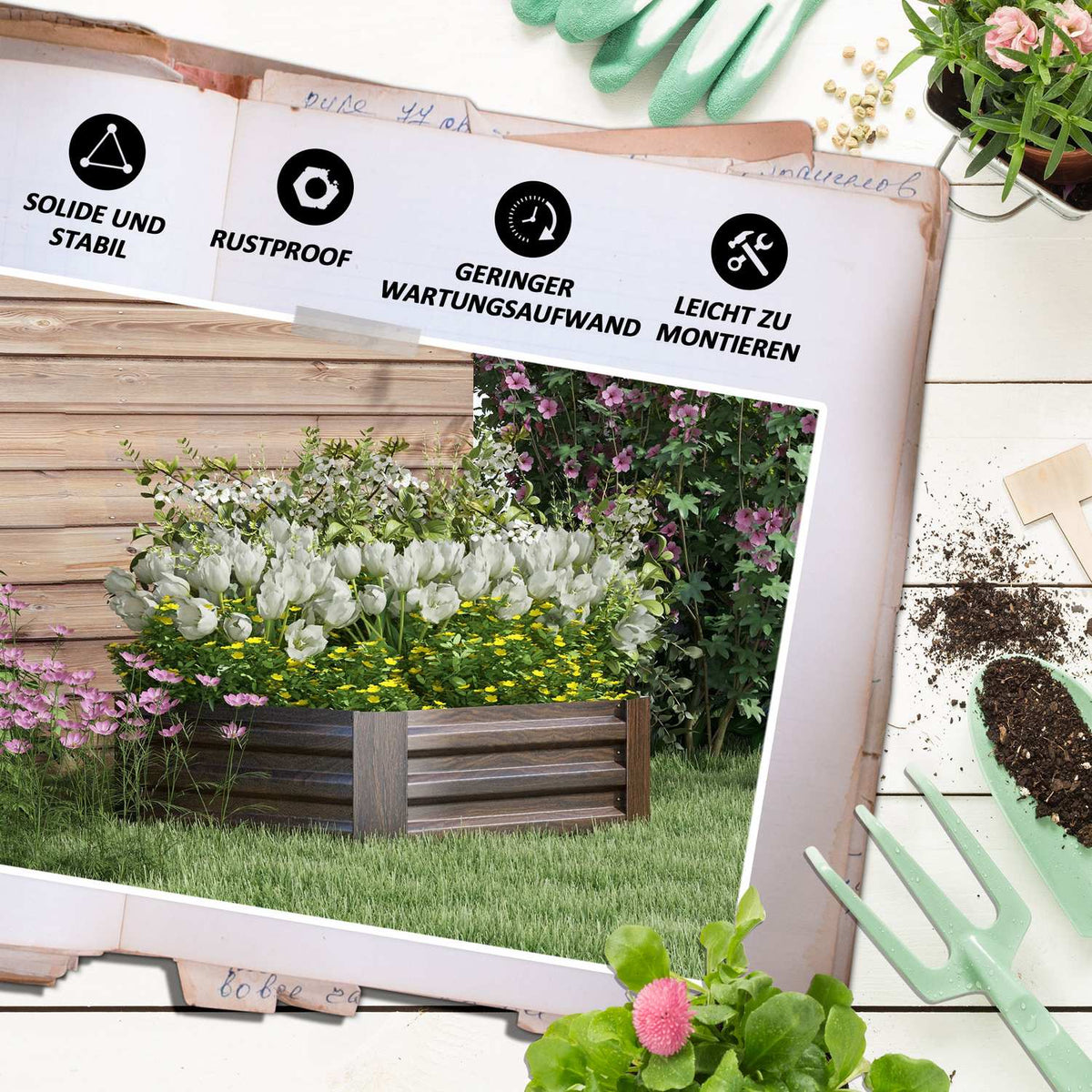 Steel Raised Bed Hexagonal Open Bottom Flower Box Wood Effect Planter Vegetable Bed For Balcony Garden Dark Brown