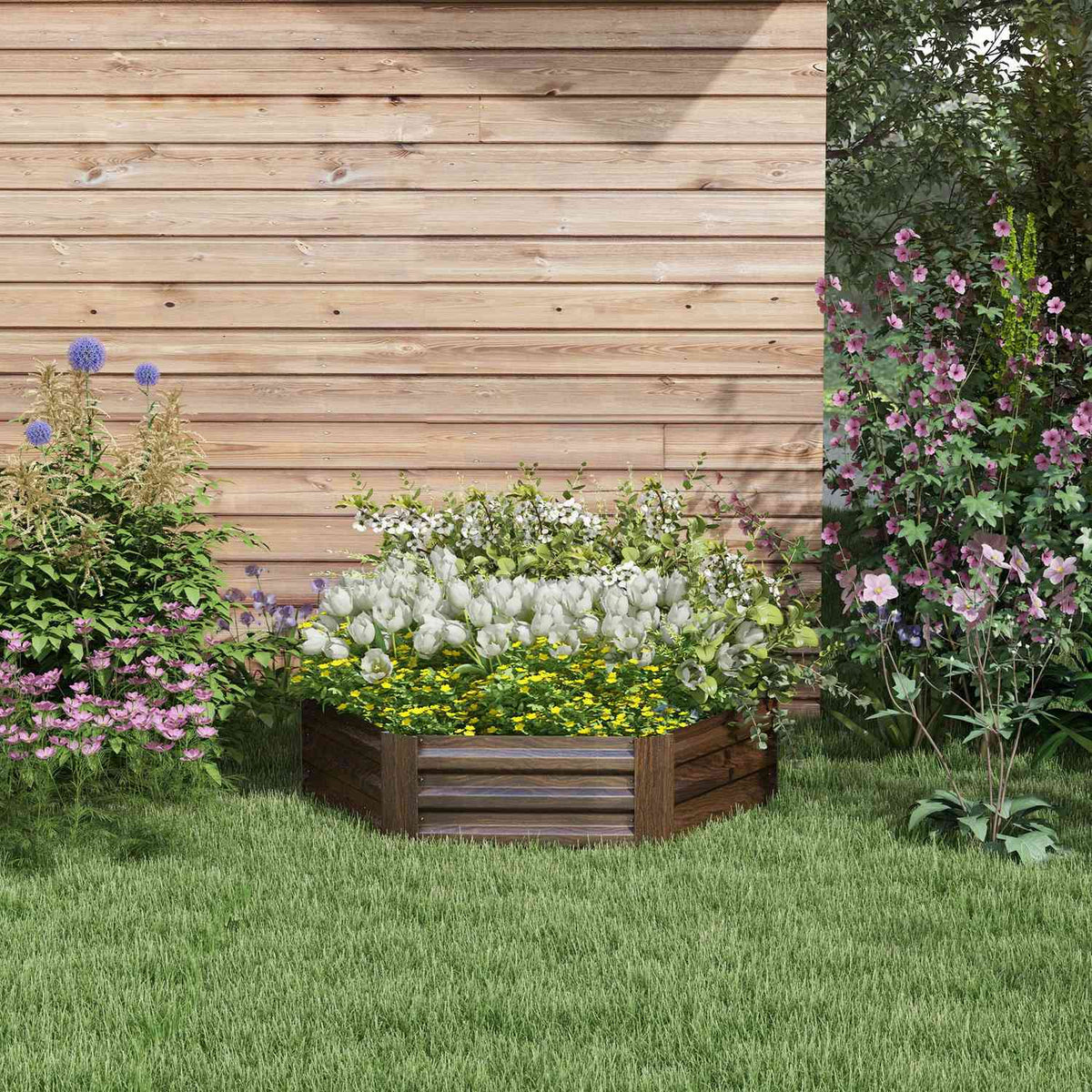 Steel Raised Bed Hexagonal Open Bottom Flower Box Wood Effect Planter Vegetable Bed For Balcony Garden Dark Brown