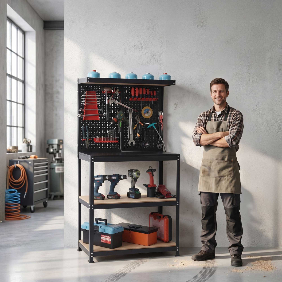 Steel Workbench With Pegboard And Storage Shelves