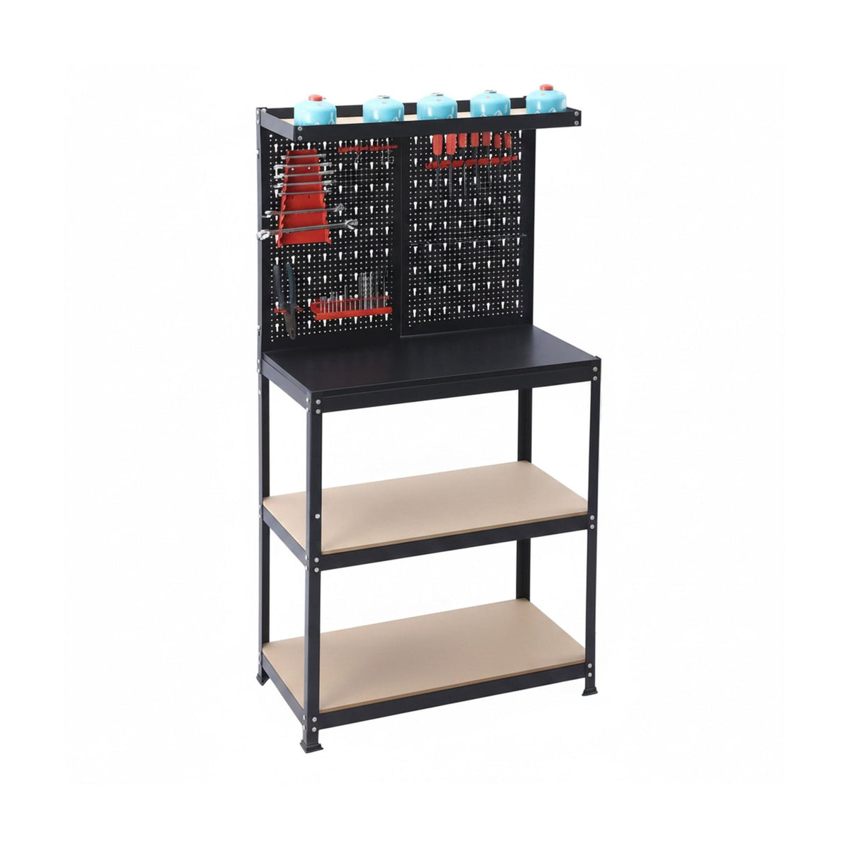 Steel Workbench With Pegboard And Storage Shelves